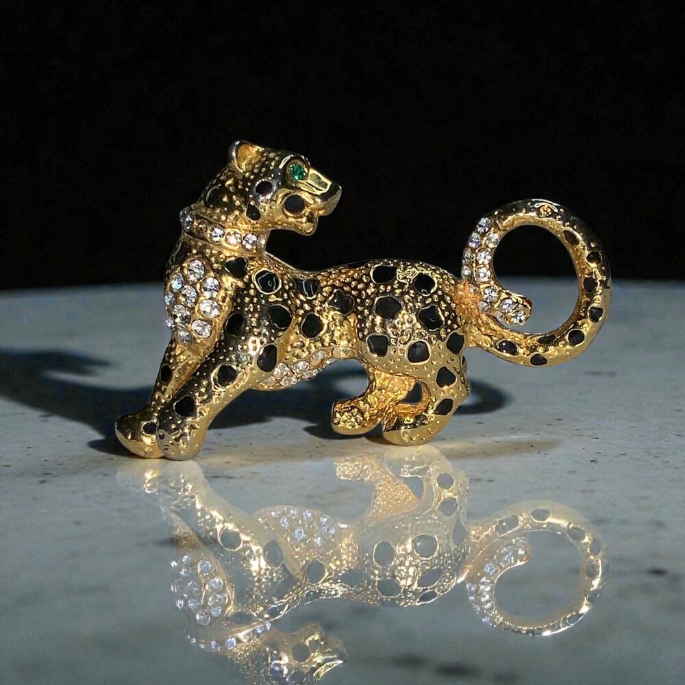 Attwood & Sawyer Panther Brooch 80s Swarovski Crystal 22ct Gold Plate